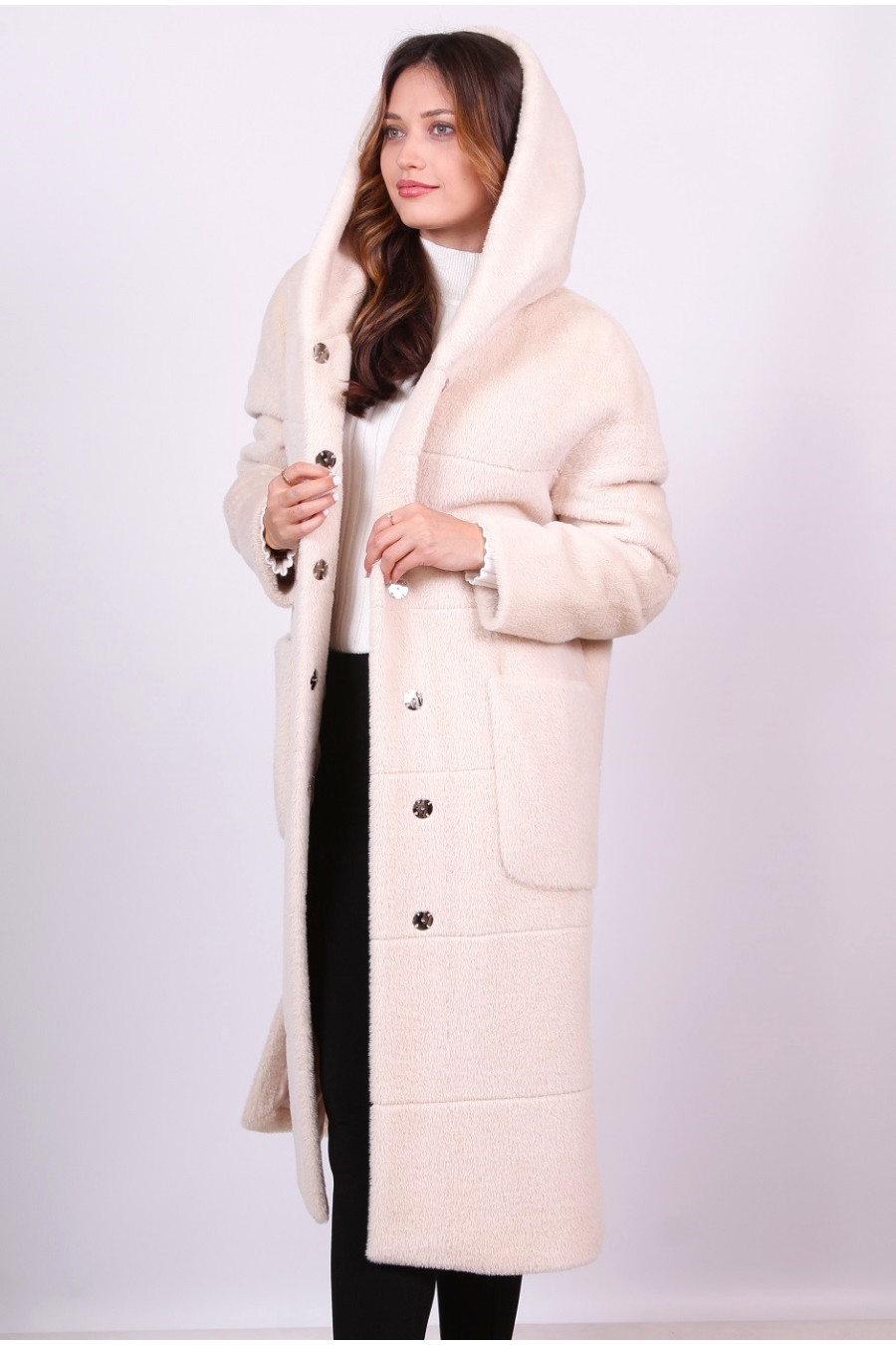 Шуба длинная женская Актуаль 9547 мех бежевая